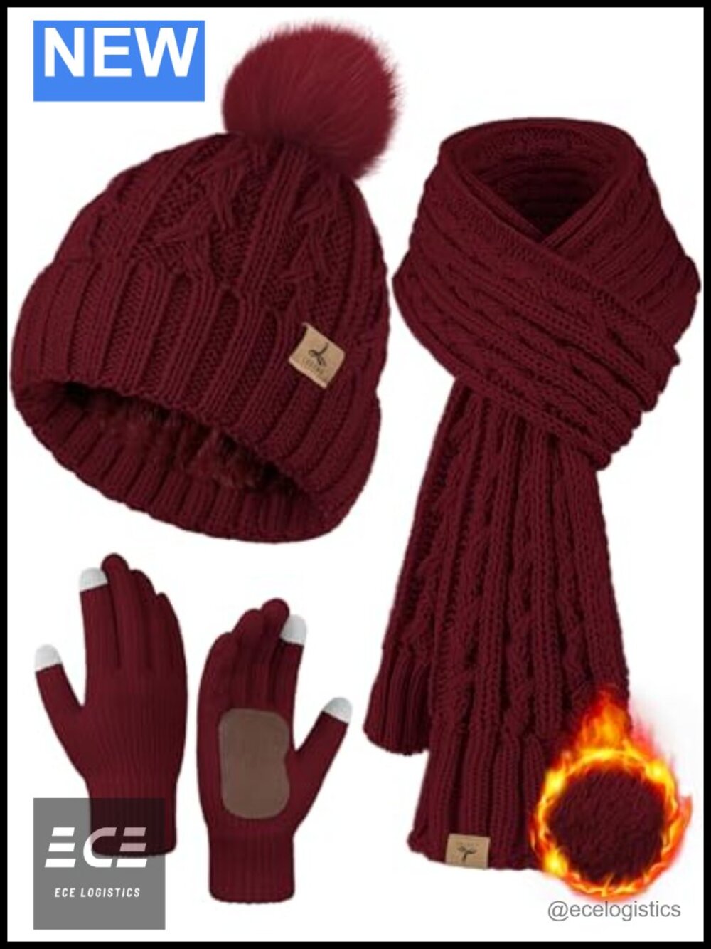LOROME Winter Hat Scarf Gloves Set Fleece Lined Cable Knit Pompom Gift